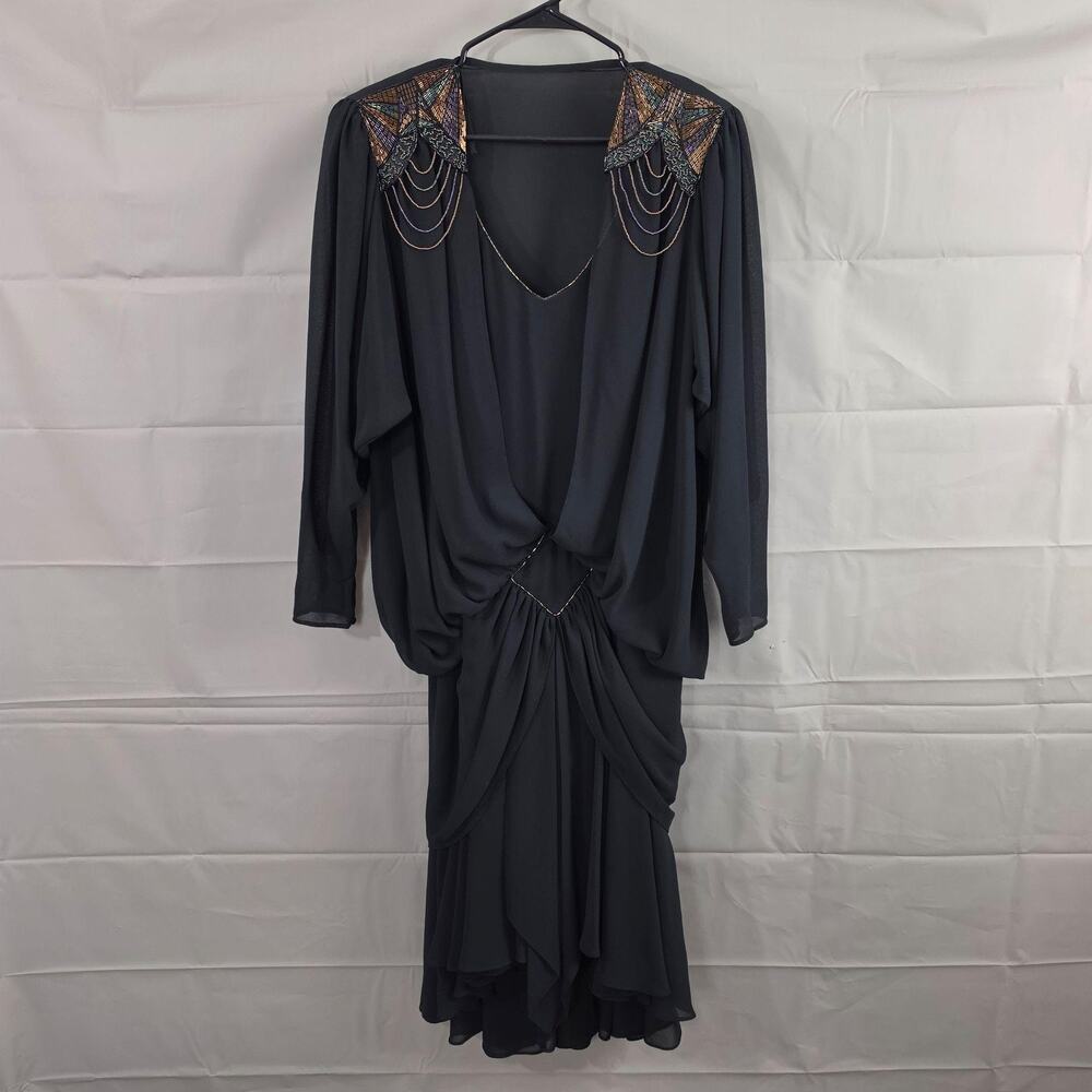 Vtg Casadei Dress 14 Beaded Dolman Midi Black Drop Waist Formal Prairie 90s 80s